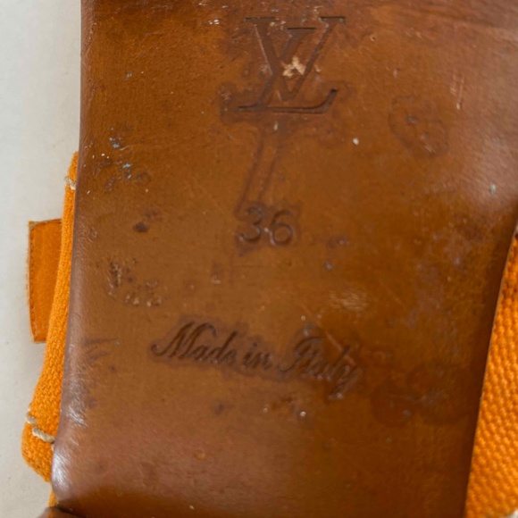 LOUIS VUITTON ORANGE CANVAS THONG SANDALS GOLD BUCKLE SZ 36-6 ITALY FLATS SLIDES - Picture 10 of 10